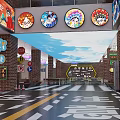 Vibrant Commercial Street Entrance With Neon Sign And Colorful Shop Signs