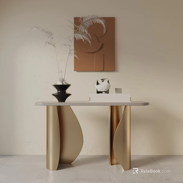 Elegant Modern Console Table With Golden Curved Legs Marble Top Decorative Vase And Wall Artwork 3d model 