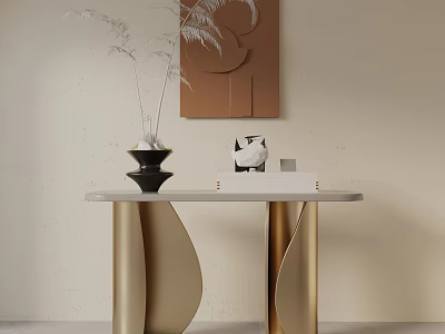 Elegant Modern Console Table With Golden Curved Legs Marble Top Decorative Vase And Wall Artwork 3d model