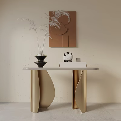 Elegant Modern Console Table With Golden Curved Legs Marble Top Decorative Vase And Wall Artwork 3d model