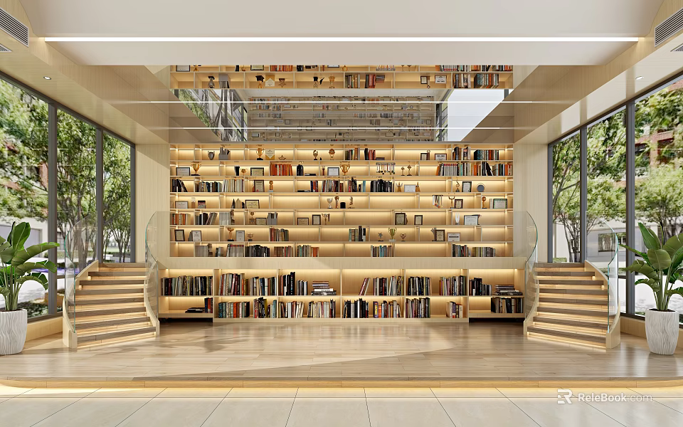 Book Art Themed Library Interior With Multi Tiered Bookshelves Numerous Books And Staircases 3d model 