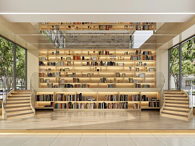Book Art Themed Library Interior With Multi Tiered Bookshelves Numerous Books And Staircases 3d model