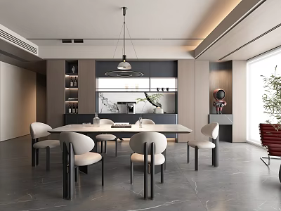 Modern Restaurant Interior Design With Open Kitchen Dining Table And Marble Countertop 3d model