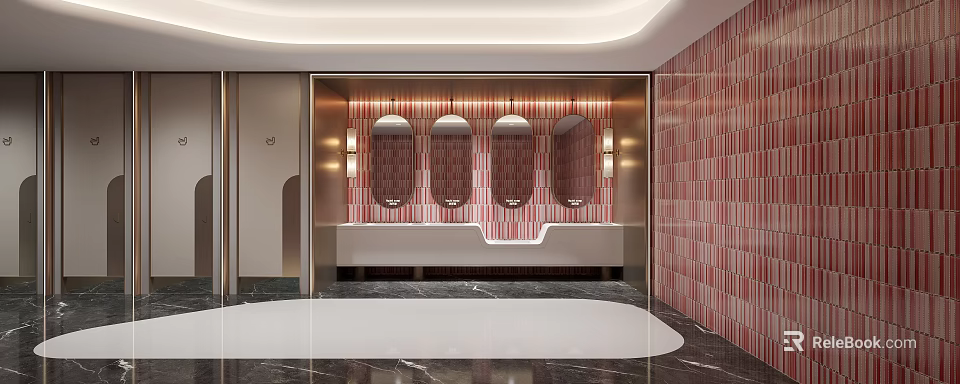 Modern Public Restroom With Mirrors Vanity And Tile Walls 3d model 
