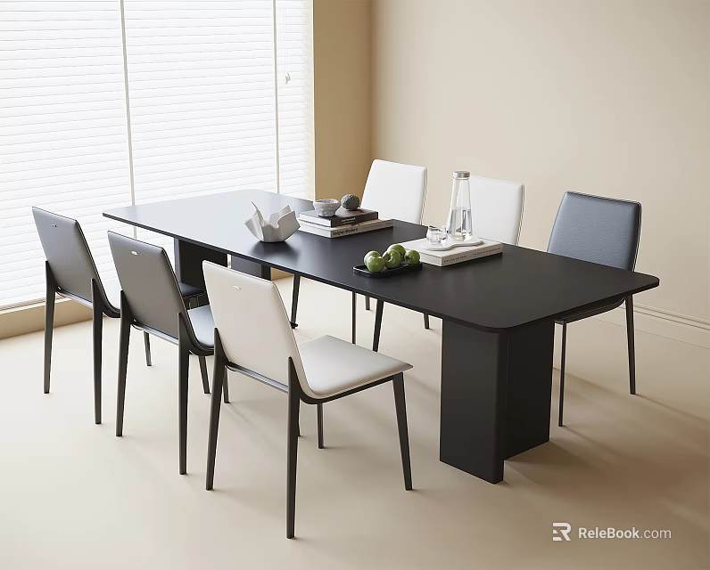 Modern Black Rectangular Dining Table With White Gray Chairs And Green Fruits 3d model 