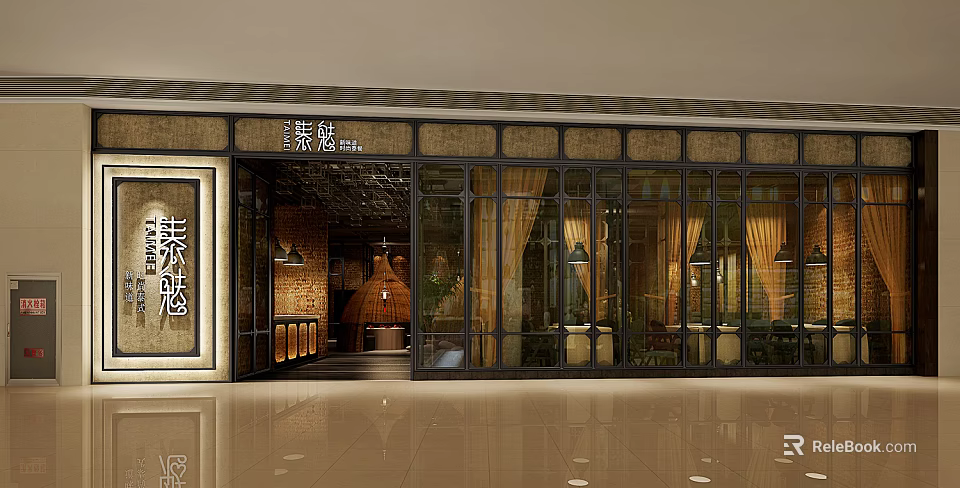 Traditional Style Shopping Mall Store With Glass Doors Warm Lighting And Interior Decor 3d model 