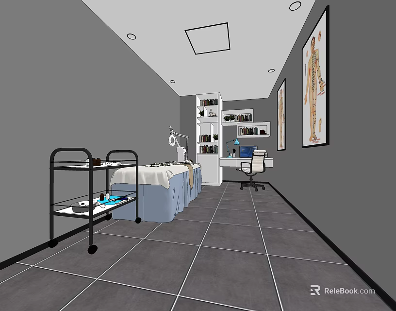 Beauty Treatment Room Interior With Gray Walls Tiled Floor Treatment Bed Equipment Shelf Chair Paintings 3d model 