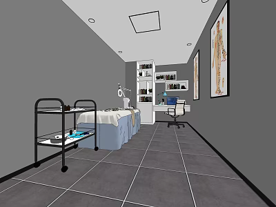 Beauty Treatment Room Interior With Gray Walls Tiled Floor Treatment Bed Equipment Shelf Chair Paintings 3d model