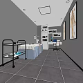 Beauty Treatment Room Interior With Gray Walls Tiled Floor Treatment Bed Equipment Shelf Chair Paintings