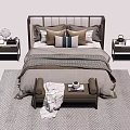 Modern Double Bed Setup With Decorative Pillows Bed Bench Nightstands And Rug 3d model