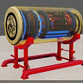 Transparent Cylindrical Mechanical Device With Internal Red Blue Components And Red Support Frame