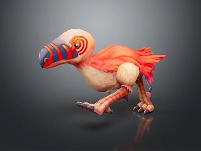 3D Modeled Fantasy Bird With Vibrant Orange Feathers Colorful Beak And Large Eyes 3d model