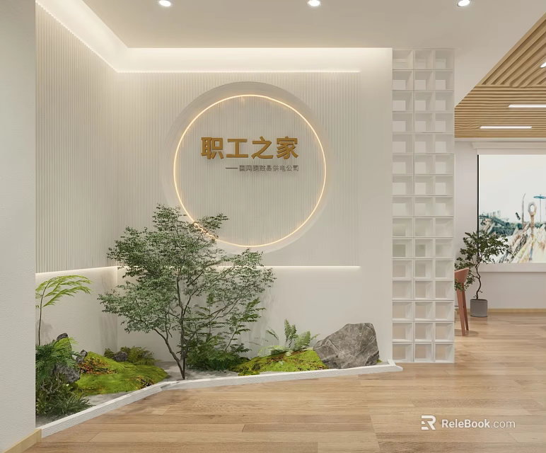 Indoor Landscape Featuring Green Plants Stones Circular Illuminated Sign White Walls Wooden Flooring Lattice Decor 3d model 