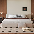 Modern Bedroom Interior Design With Wooden Walls White Bed Geometric Carpet And Bedside Lamp