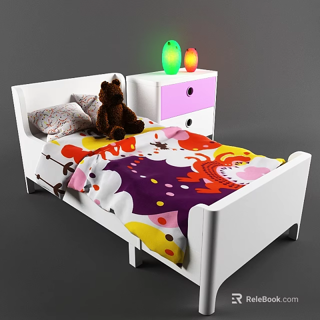 White Frame Kids Bed With Colorful Bedspread Teddy Bear And Nightstand Lamps 3d model 