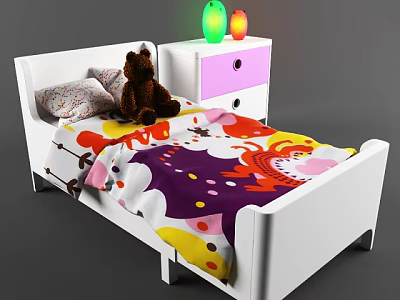 White Frame Kids Bed With Colorful Bedspread Teddy Bear And Nightstand Lamps 3d model