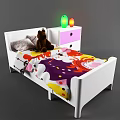 White Frame Kids Bed With Colorful Bedspread Teddy Bear And Nightstand Lamps