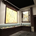 Traditional Chinese Exhibition Hall Interior With Wooden Decorations Display Cabinets And Lighting