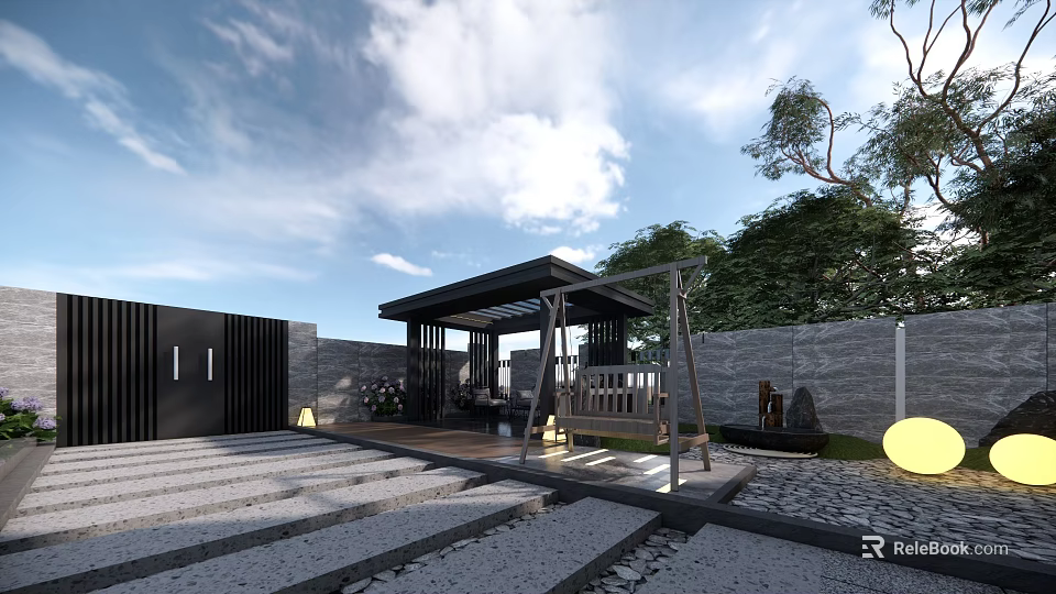 Modern Garden Landscape With Pergola Wooden Structure Stone Pathway Green Trees And Lighting 3d model 