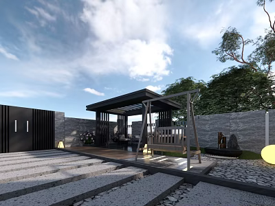 Modern Garden Landscape With Pergola Wooden Structure Stone Pathway Green Trees And Lighting 3d model