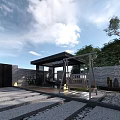 Modern Garden Landscape With Pergola Wooden Structure Stone Pathway Green Trees And Lighting
