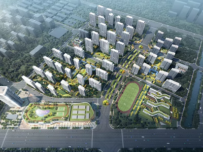 Aerial View Urban Planning With Residential Buildings And Green Spaces Layout 3d model