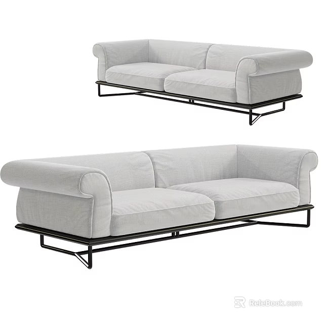 Modern Light Fabric Double Sofa With Metal Frame And Rolled Armrests Design 3d model