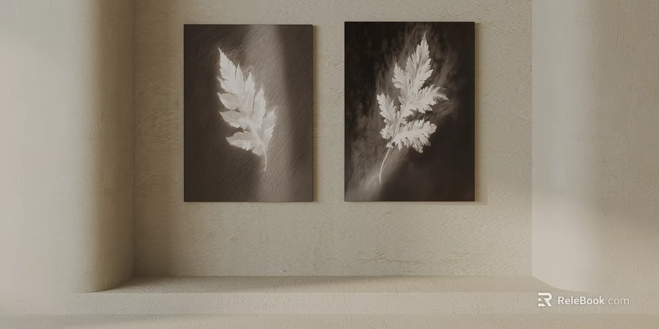 Plant Paintings With White Leaf Designs On Wall For Decorative Art 3d model 
