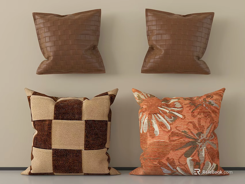 Decorative Brown Textured Throw Pillows With Checkerboard And Floral Patterns 3d model