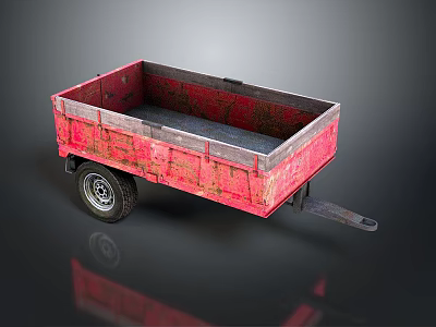 Red Rusty Utility Trailer With Metal Body And Single Wheel Structure 3d model
