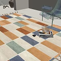 Colorful Square Rug With Geometric Pattern Tassel Edges And Transparent Acrylic Chair