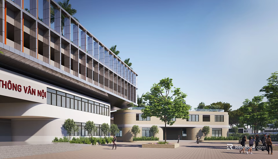 Modern School Building Featuring Multi Level Structure Large Windows Entrance Courtyard And Green Trees 3d model