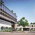 Modern School Building Featuring Multi Level Structure Large Windows Entrance Courtyard And Green Trees