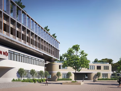 Modern School Building Featuring Multi Level Structure Large Windows Entrance Courtyard And Green Trees 3d model