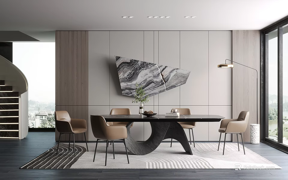 Modern Elegant Dining Room Interior With Stylish Table Chairs Decorative Painting And Soft Lighting 3d model 