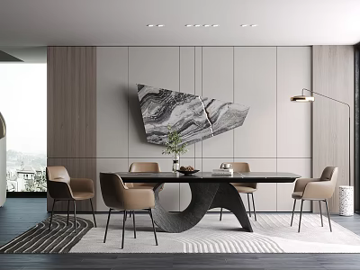 Modern Elegant Dining Room Interior With Stylish Table Chairs Decorative Painting And Soft Lighting 3d model