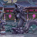 Cartoon Scene Of Chinese Traditional Palace With Flying Eaves Dragon Decorations And Purple Blue Roofs