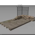 Modern Security Checkpoint With Barbed Wire Fence Sandbags Wooden Platform And Scattered Items