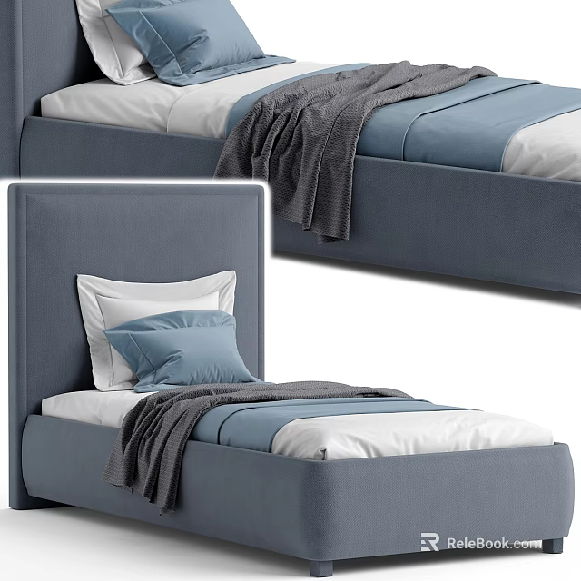 Modern Double Bed with Gray Headboard Blue Pillows White Sheets and Cozy Blanket 3d model 