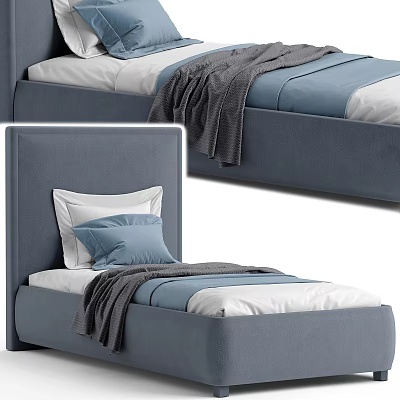 Modern Double Bed with Gray Headboard Blue Pillows White Sheets and Cozy Blanket 3d model