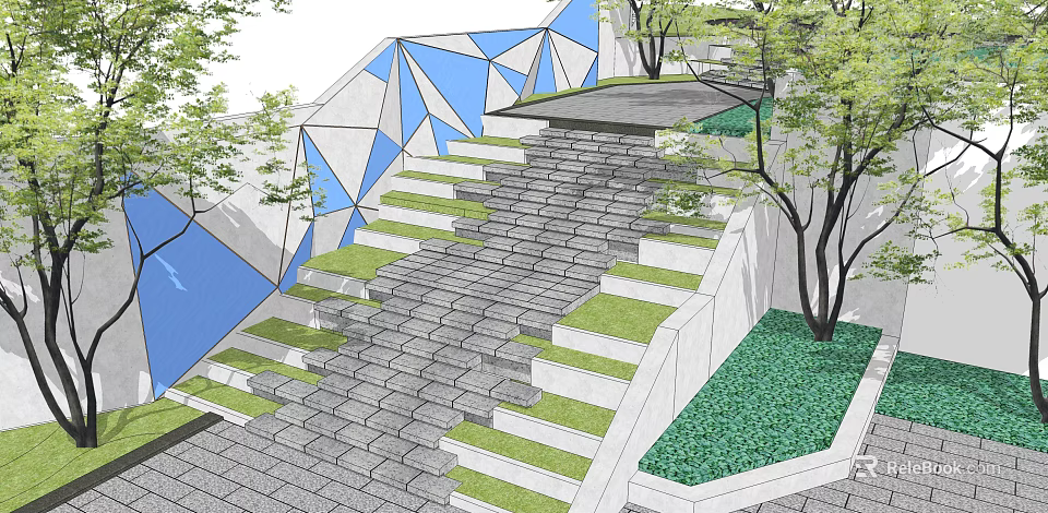 Geometric Staircase Design With Gray Stone Slabs Green Lawn Trees And Blue White Panels 3d model 
