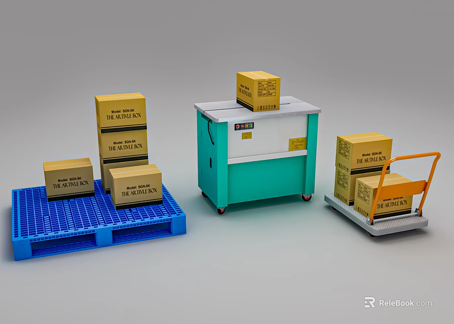 Teal Industrial Packaging Equipment With Cardboard Boxes On Blue Pallet And Hand Truck 3d model 