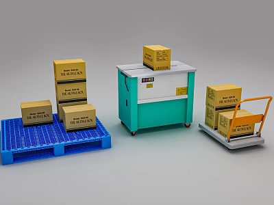 Teal Industrial Packaging Equipment With Cardboard Boxes On Blue Pallet And Hand Truck 3d model