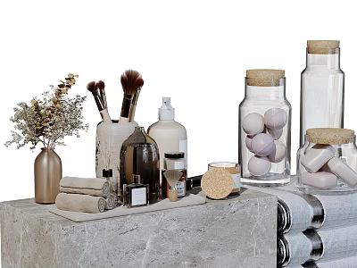 Bathroom Accessories Including Brushes Bottles Jars Towels And Dried Flowers On Marble Countertop 3d model