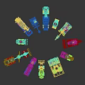 Various Yellow Construction Functional Vehicles Including Bulldozers Loaders Arranged In Circle