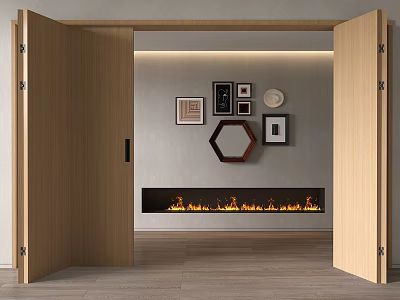 Open Folding Doors in Modern Interior with Framed Artworks and Fireplace Flames 3d model
