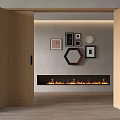 Open Folding Doors in Modern Interior with Framed Artworks and Fireplace Flames