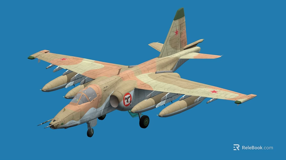 Military Fighter Jet With Camouflage Paint Red Star Insignia And Weapon Mounts Against Blue Sky 3d model 