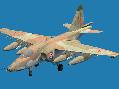 Military Fighter Jet With Camouflage Paint Red Star Insignia And Weapon Mounts Against Blue Sky 3d model