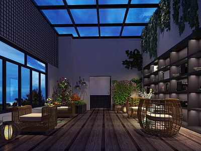 Cozy Leisure Area Interior With Glass Skylight Green Plants Wicker Furniture And Wooden Floor 3d model